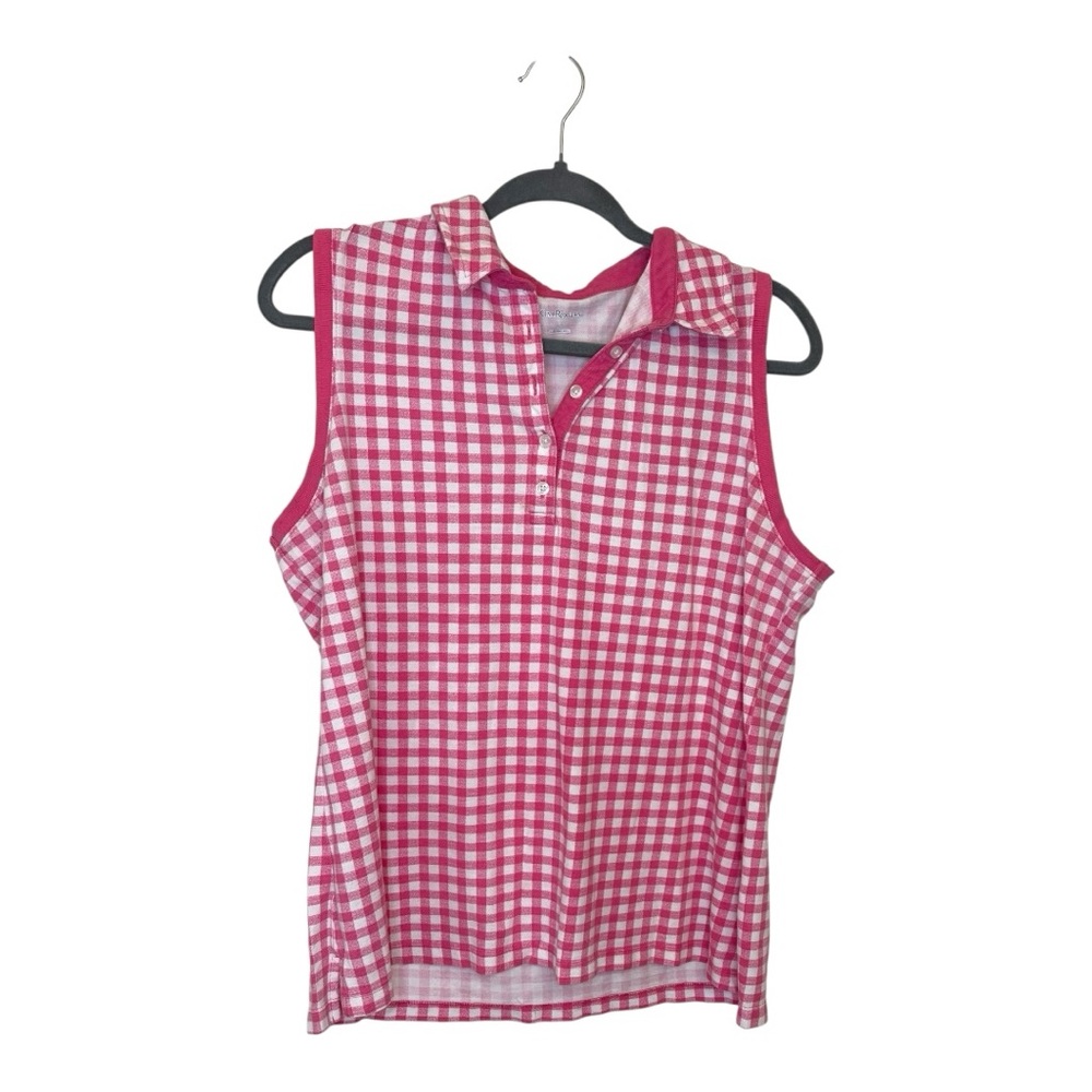 Retro Kim Rogers Pink Gingham Sleeveless Polo Collared Tank Top Large